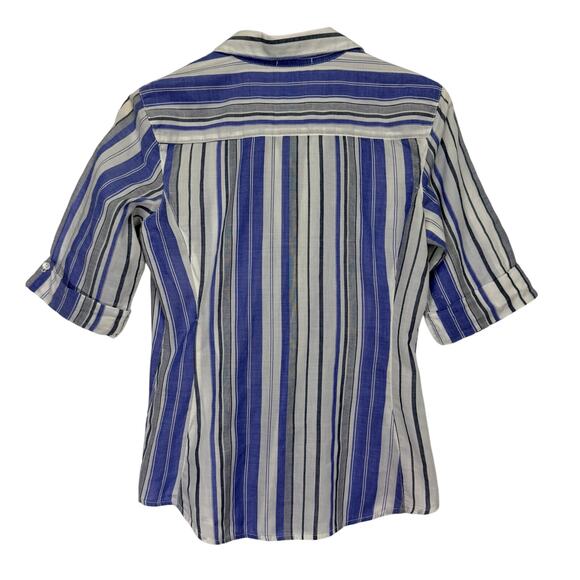 JAMES PERSE Blue Striped Button Down Shirt Womens 2 / Medium Half Cuffed Sleeve - Picture 5 of 8